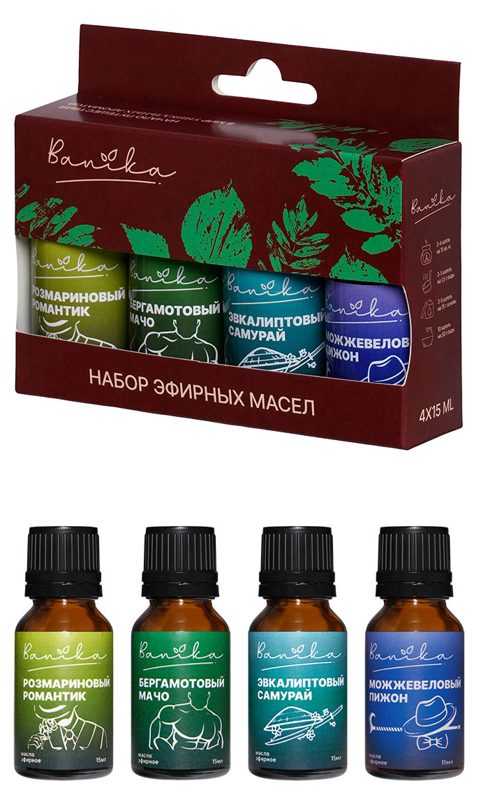 Изображение товара Набор эфирных масел Banika Для него (4 x 15 мл) — эвкалипт, бергамот, можжевельник, розмарин