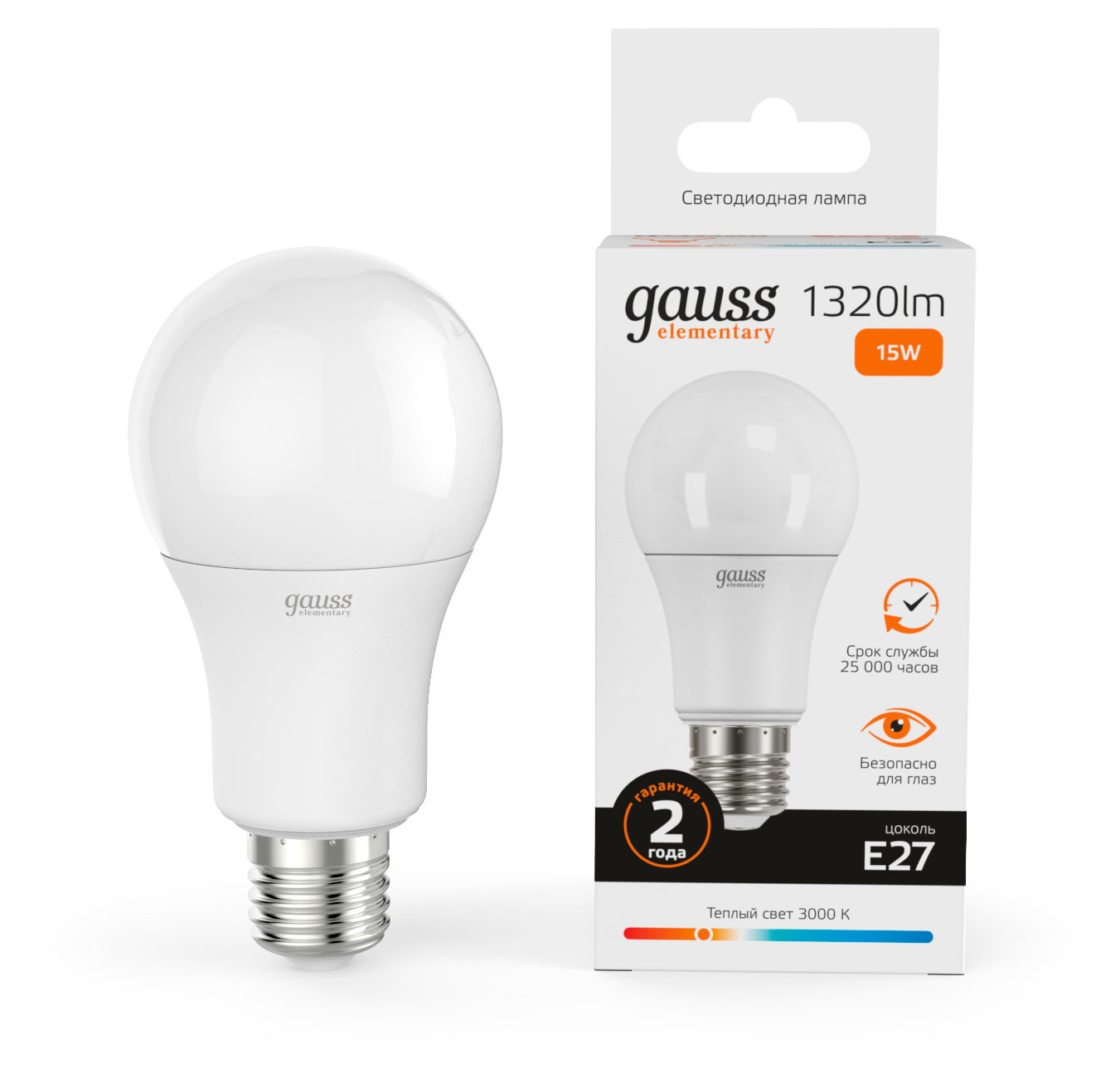 

Лампа светодиодная Gauss 15W 3000K E27 LED теплый белый свет, 1 шт