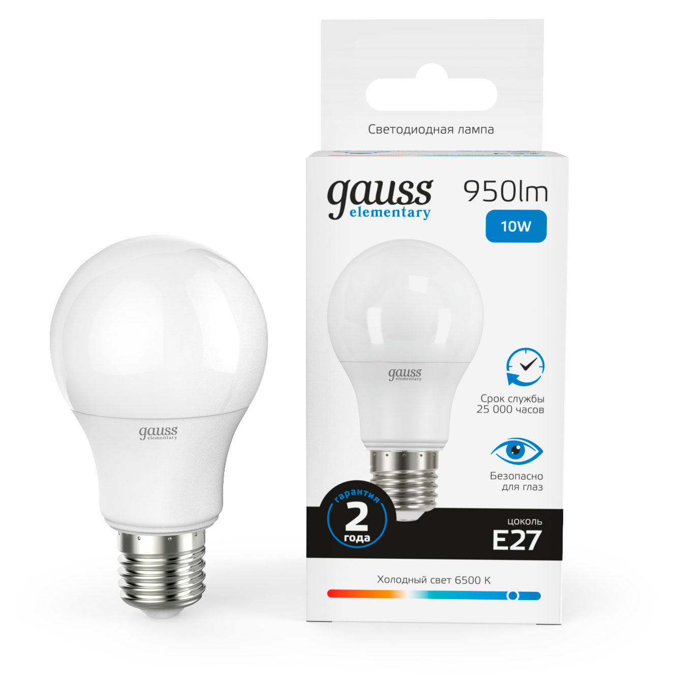 

Лампа светодиодная Gauss 10W 6500K Е27 LED холодныйбелый свет, 1 шт