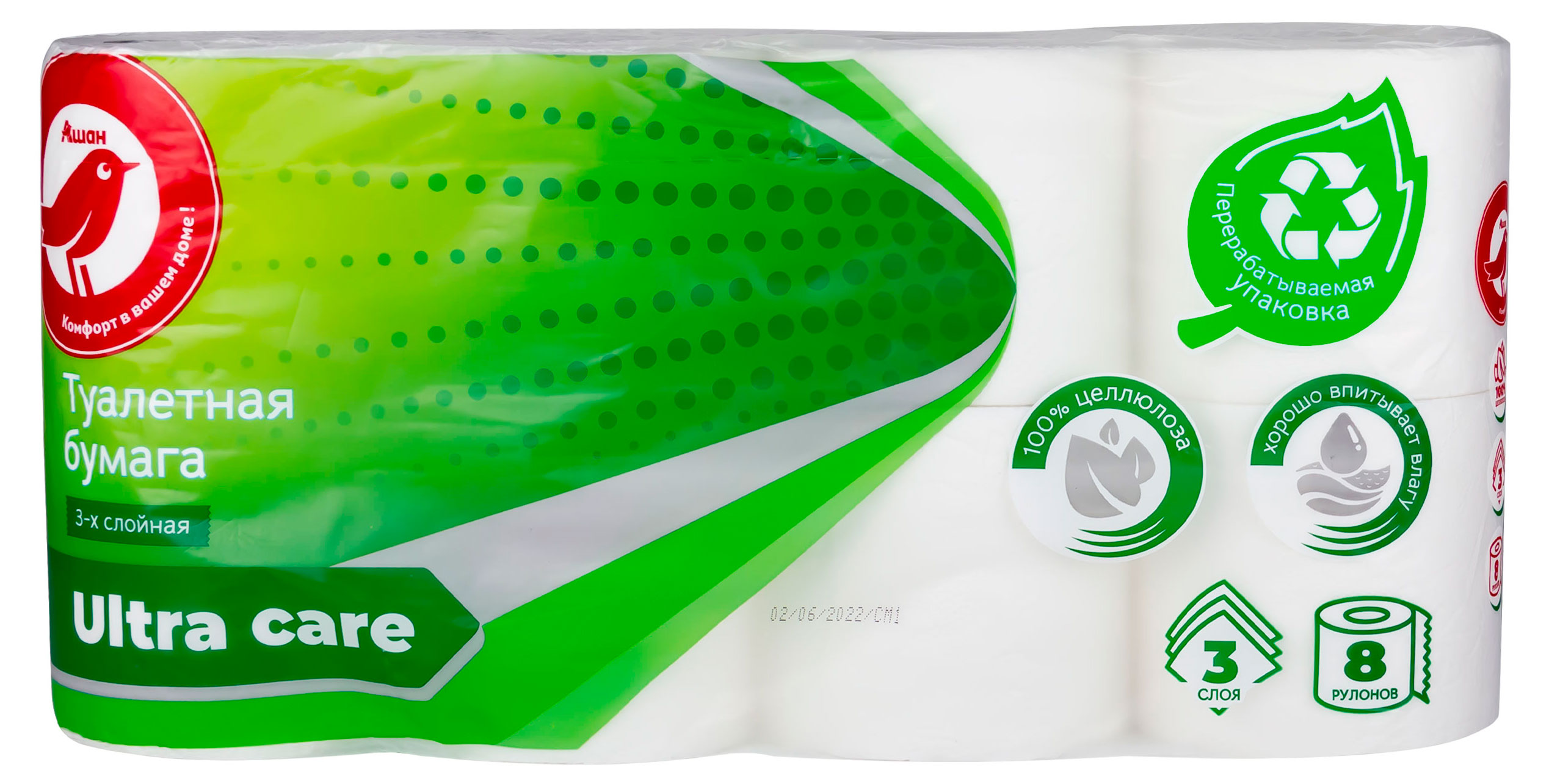 Изображение товара Туалетная бумага АШАН Красная птица белая, 3 слоя, 8 рулонов    
