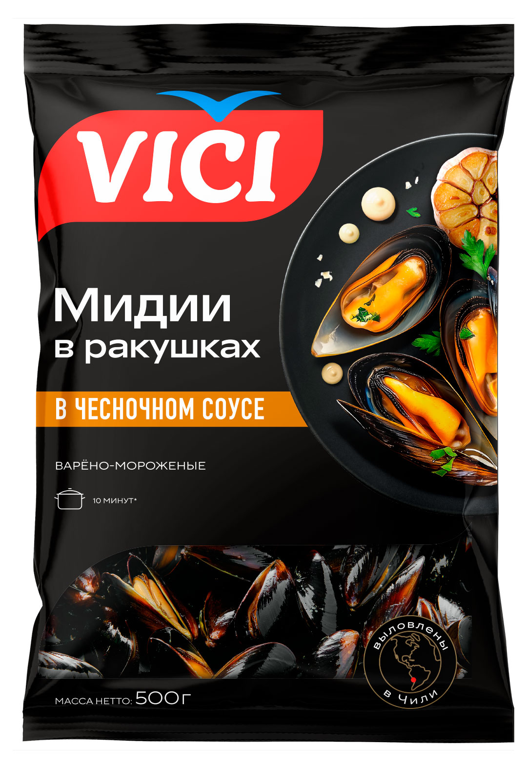 Изображение товара Мидии VICI Приорити в ракушках в чесночном соусе, замороженные, 500 г