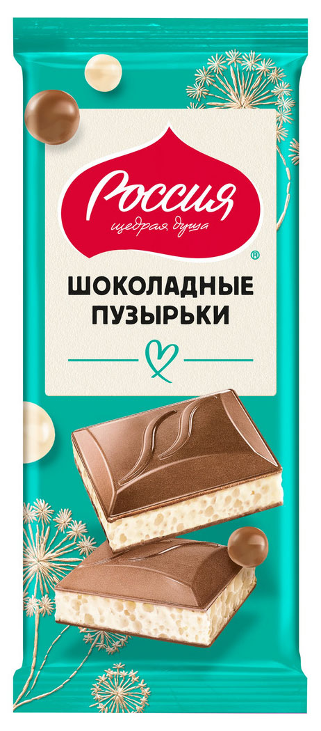 Изображение товара Шоколад молочный и белый пористый «Россия - Щедрая душа!» Шоколадные пузырьки, 70 г