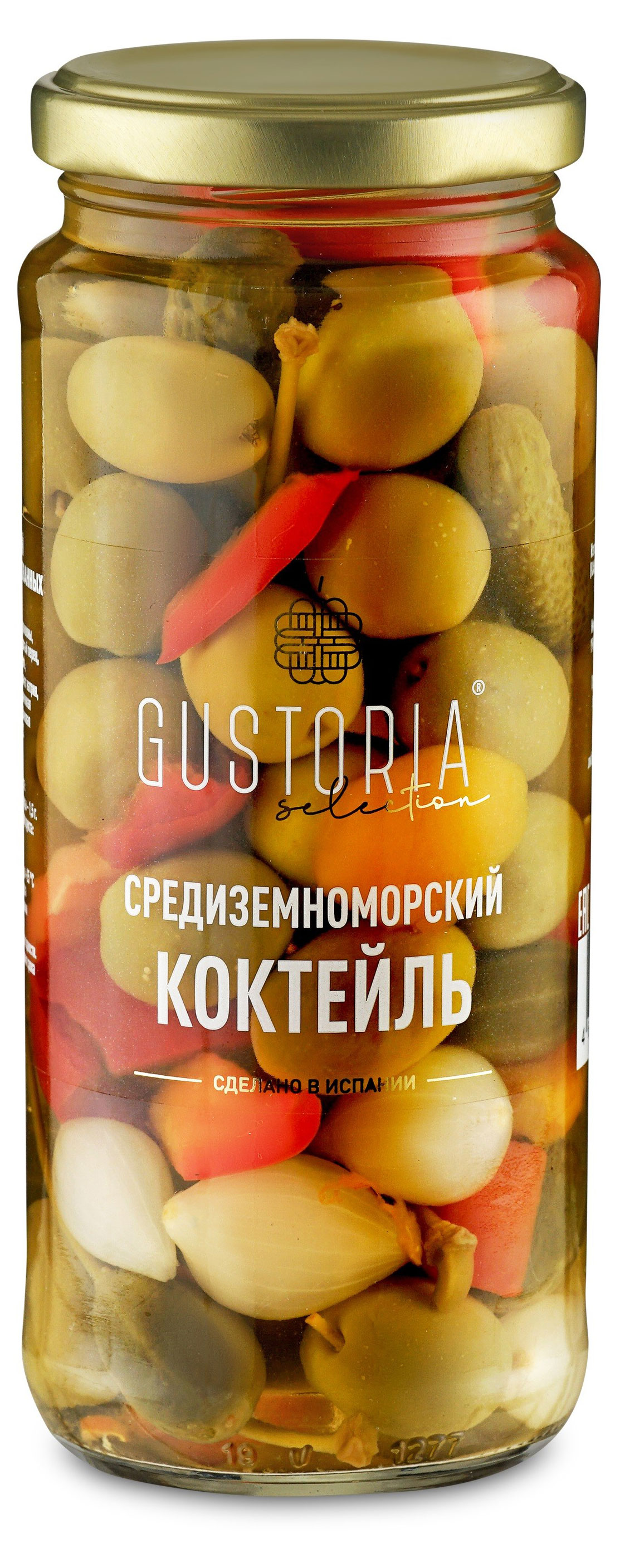 Изображение товара Ассорти овощное Gustoria Коктейль Средиземноморский из оливок и овощей маринованный Испания, 340 г