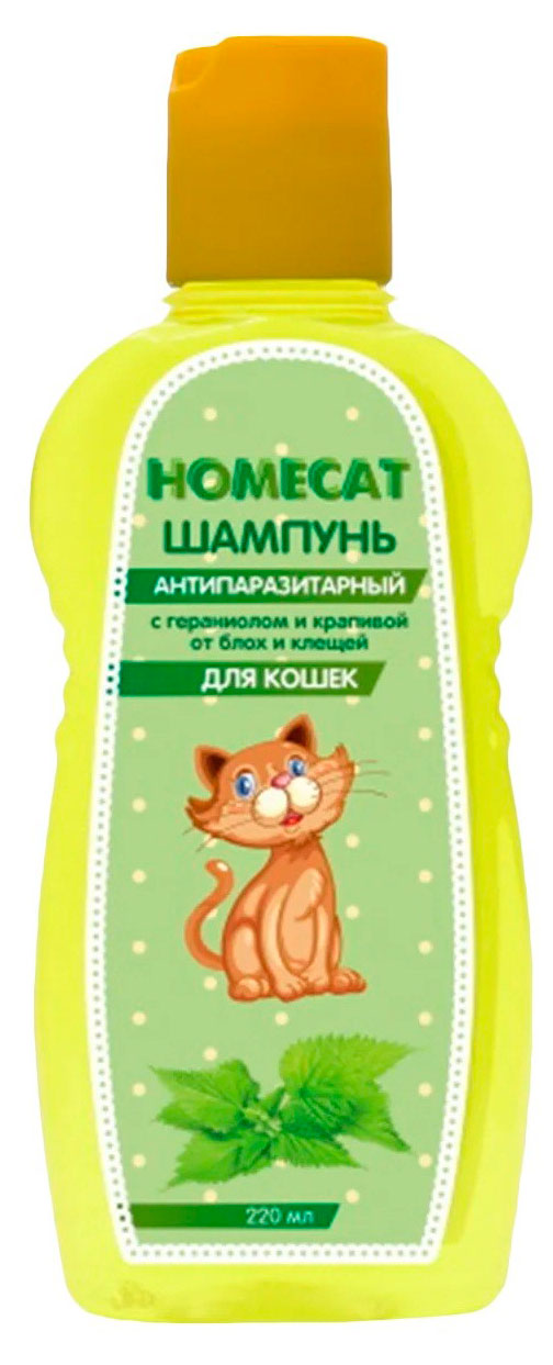 Изображение товара Шампунь для кошек HOMECAT Антипаразитный от блох и клещей с гераниолом и крапивой, 220 мл
