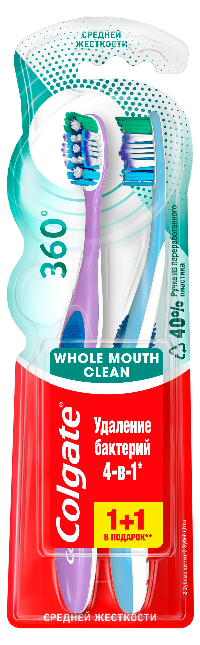 

Зубная щетка Colgate 360 Суперчистота всей полости рта антибактериальная, средней жесткости, 1+1 шт
