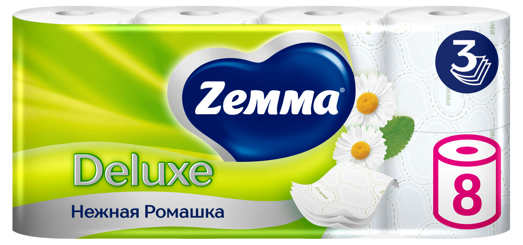 

Туалетная бумага Zemma Deluxe Нежная Ромашка 3 слоя, 8 рулонов