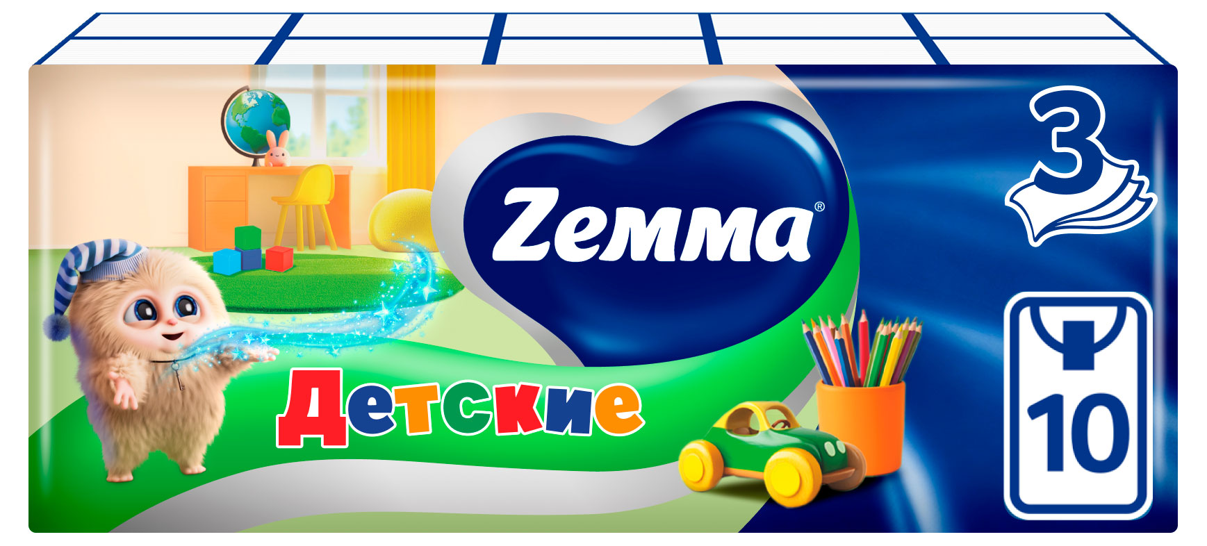 Изображение товара Платочки Zewa Kids 3 слоя 10 шт - без отдушки, Россия