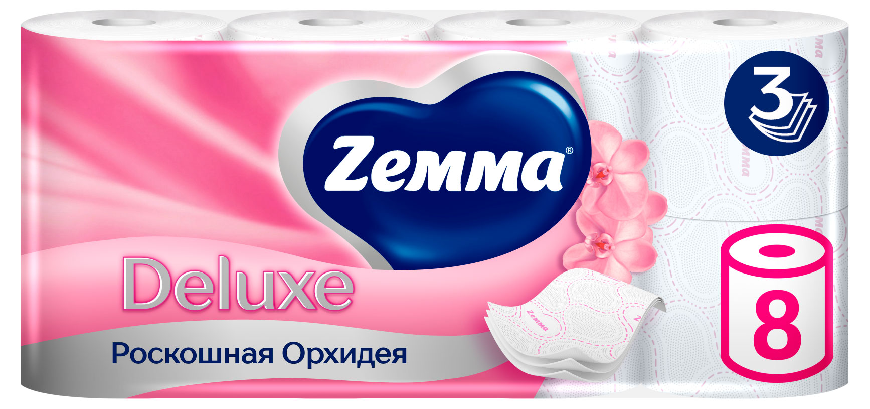 

Туалетная бумага Zemma Deluxe Роскошная орхидея 3 слоя, 8 рулонов