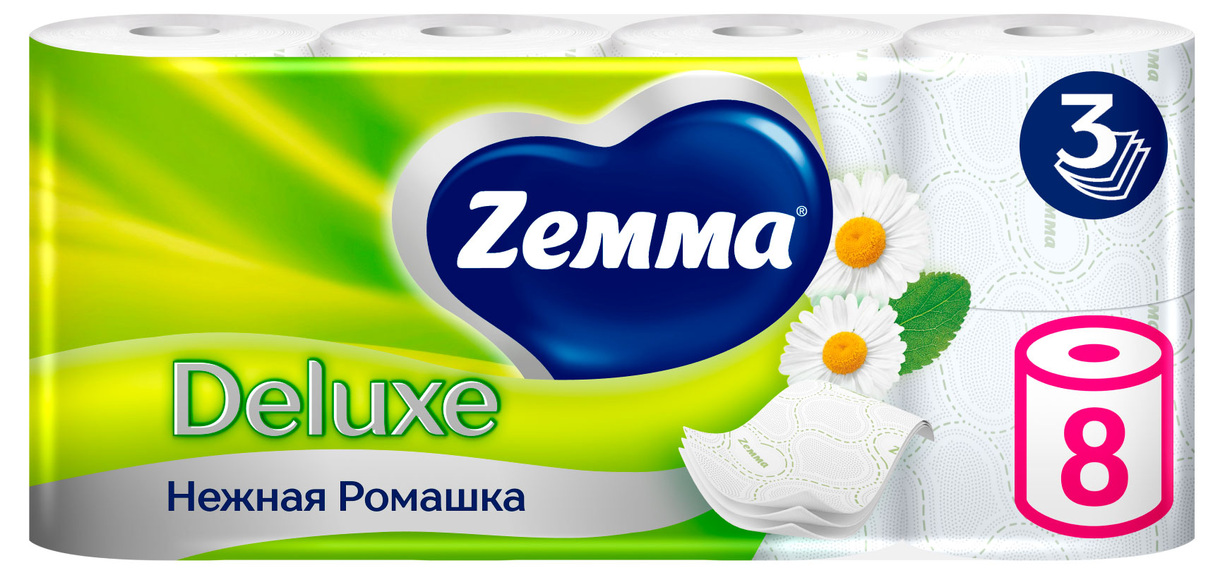 Изображение товара Туалетная бумага Zewa Deluxe Ромашка 3 слоя 8 рулонов с ароматом персика
