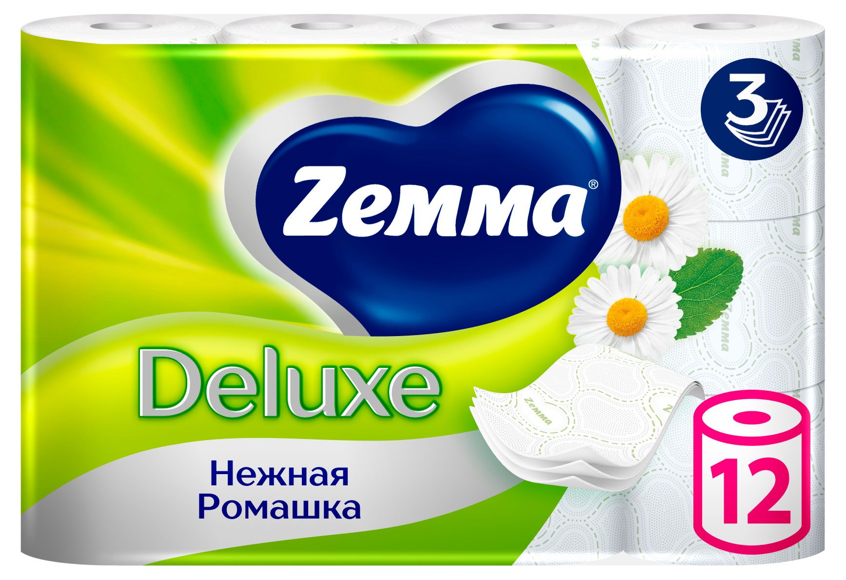 

Туалетная бумага Zemma Deluxe Нежная Ромашка 3 слоя, 12 рулонов