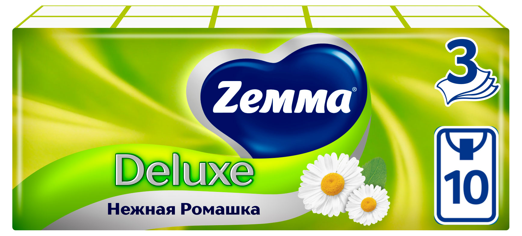 

Платочки бумажные носовые Zemma Deluxe Ромашка 3 слоя, 10х10 шт