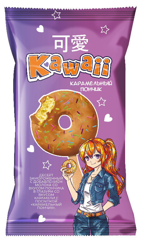 Изображение товара Десерт замороженный с добавлением молока Kawaii Карамельный пончик в глазури с посыпкой 5%, 65 г