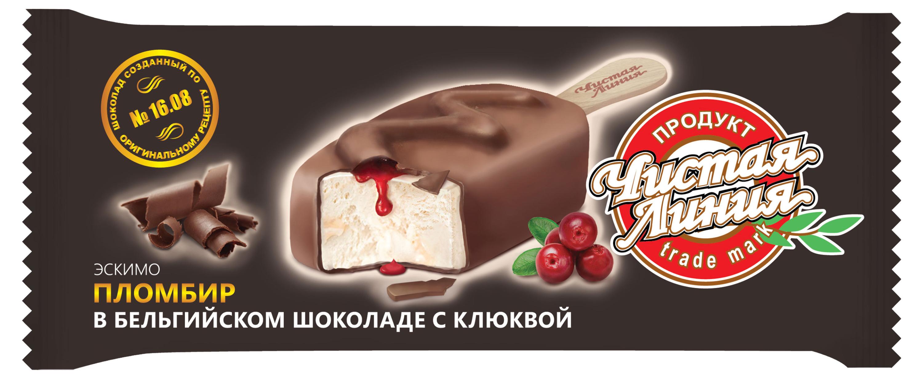 Изображение товара Мороженое пломбир «Чистая Линия» эскимо в бельгийском шоколаде с клюквенным наполнителем ГОСТ 12%, 80 г