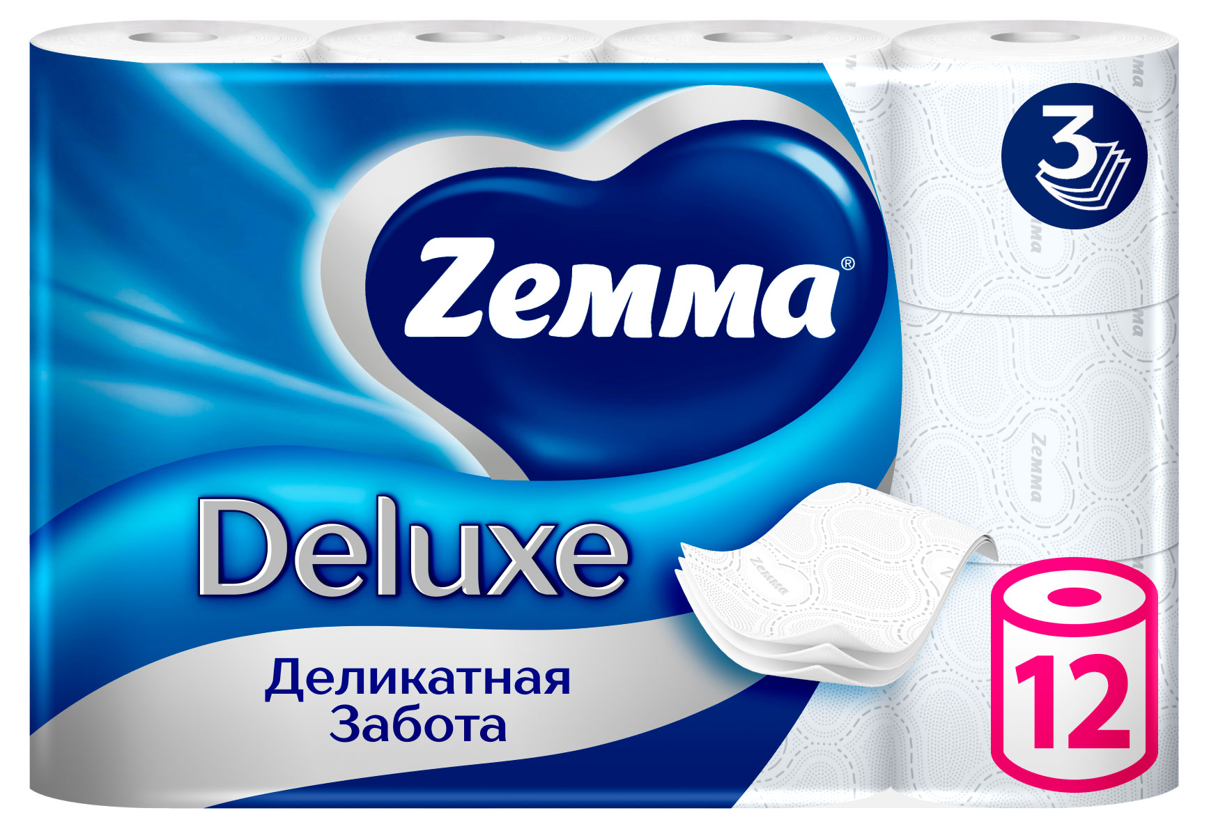 Изображение товара Туалетная бумага Zemma Deluxe Деликатная Забота 3 слоя, 12 рулонов