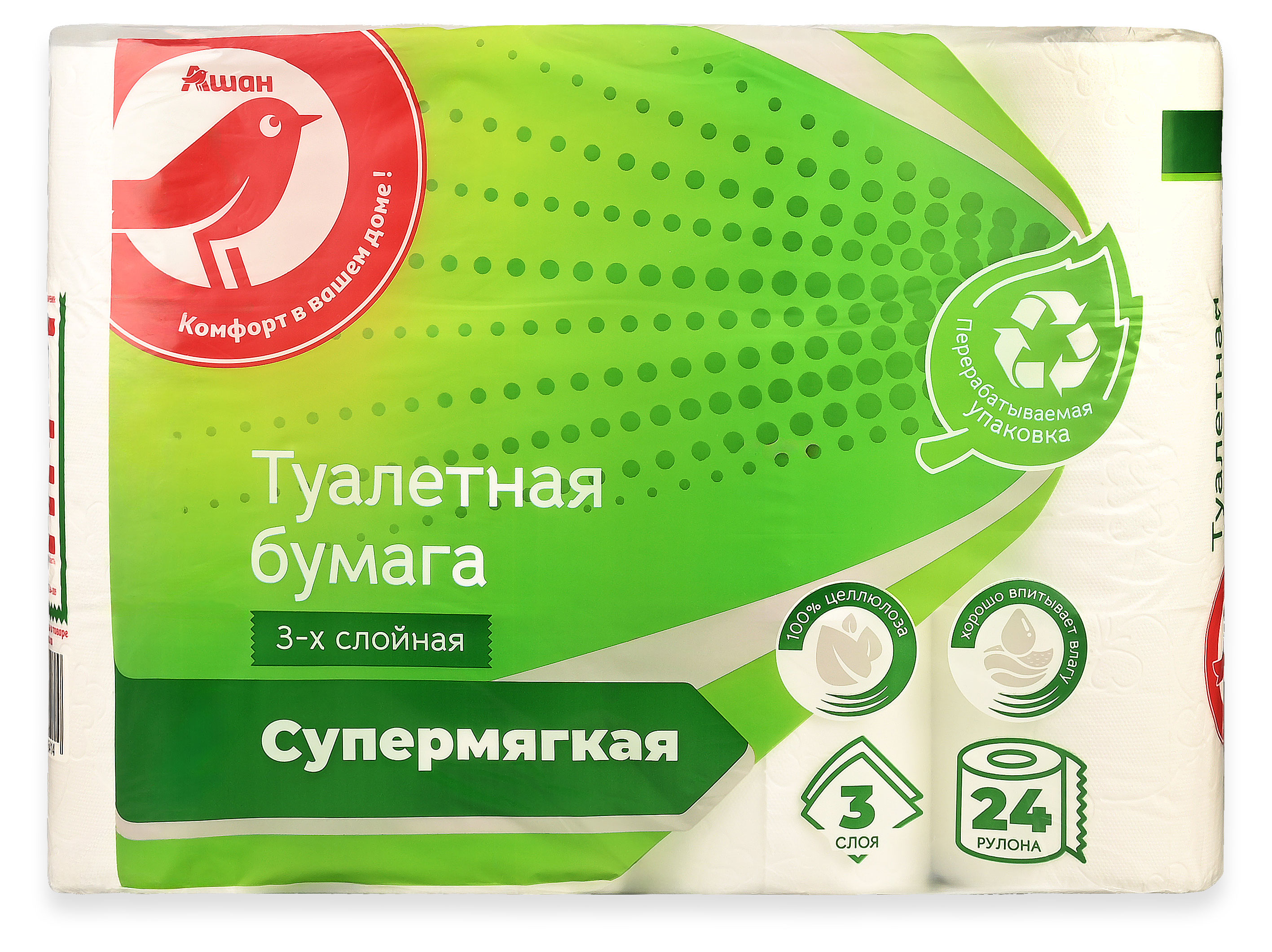 Изображение товара Бумага туалетная АШАН Красная птица Супрмягкая 3-х слойная, 24 рулона