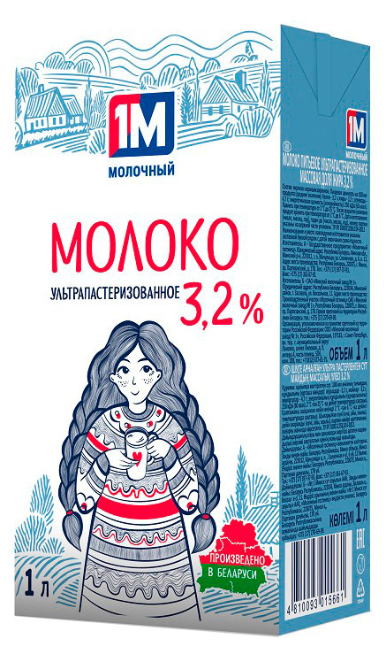 Изображение товара Молоко питьевое 1М Молочный ультрапастеризованное 3,2% БЗМЖ, 1 л