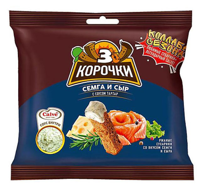 Изображение товара Сухарики ржаные «3 Корочки» семга с сыром + соус Тартар, 60 г
