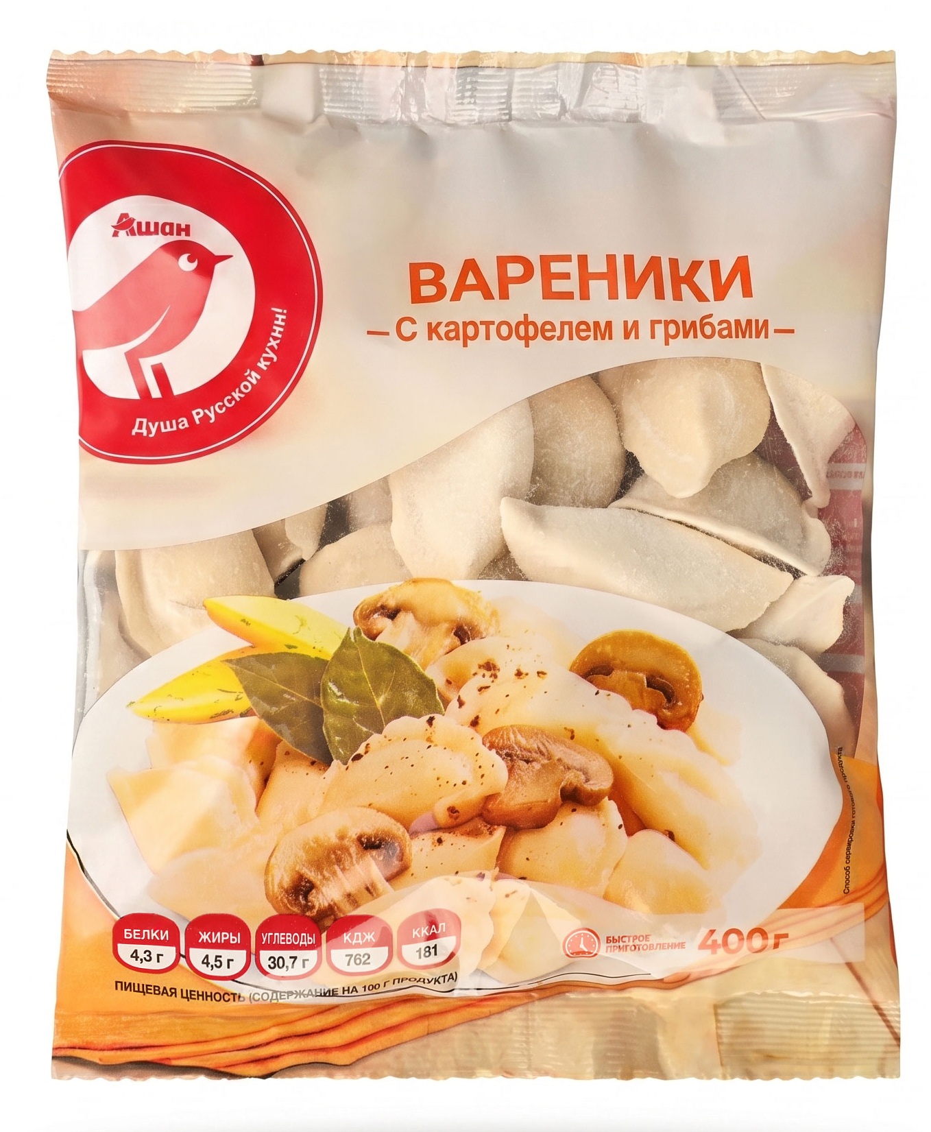 Изображение товара Вареники АШАН Красная птица Грибы и Картофель (0. 4 кг) - замороженные
