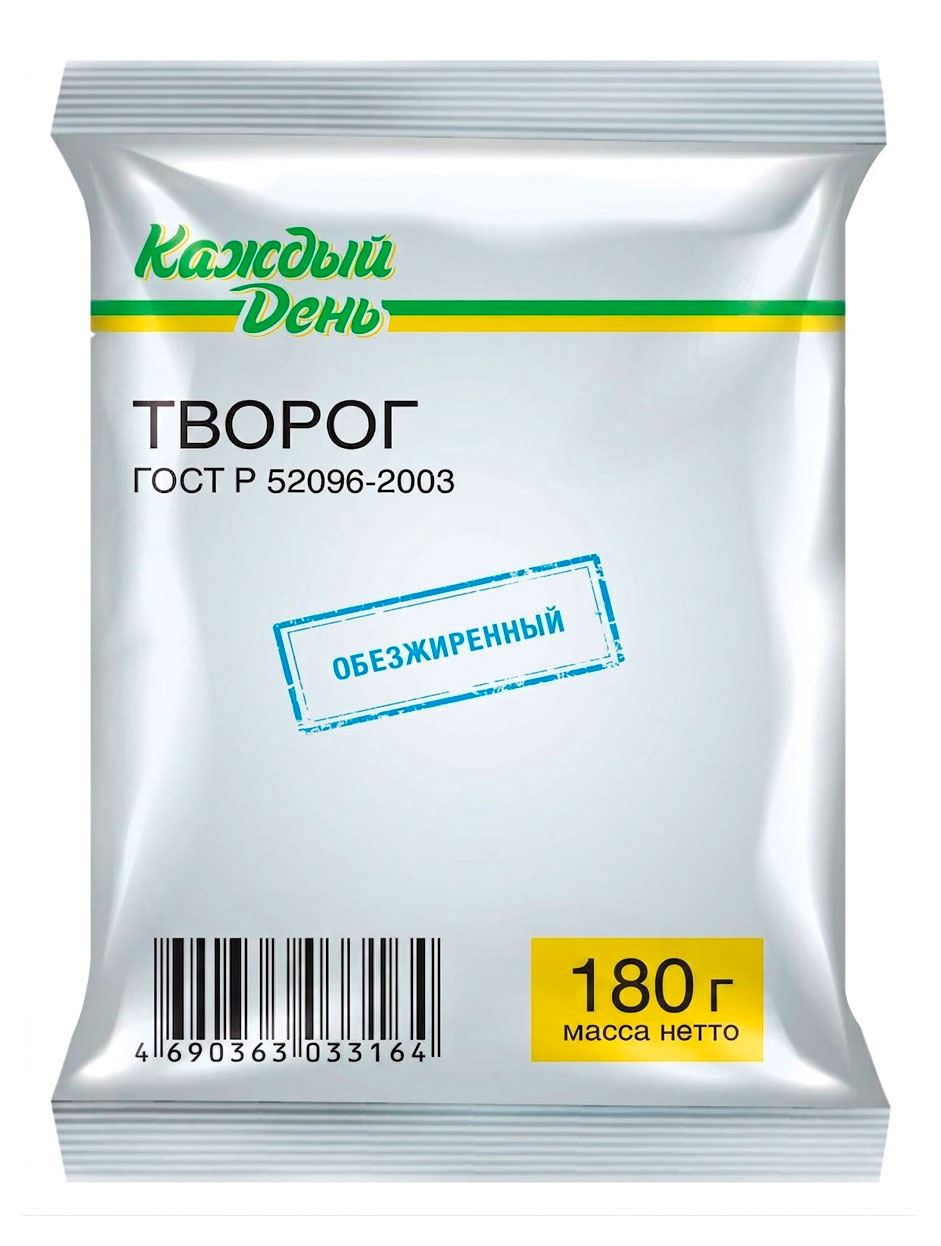 Изображение товара Творог классический обезжиренный «Каждый день» брикет ГОСТ БЗМЖ, 180 г