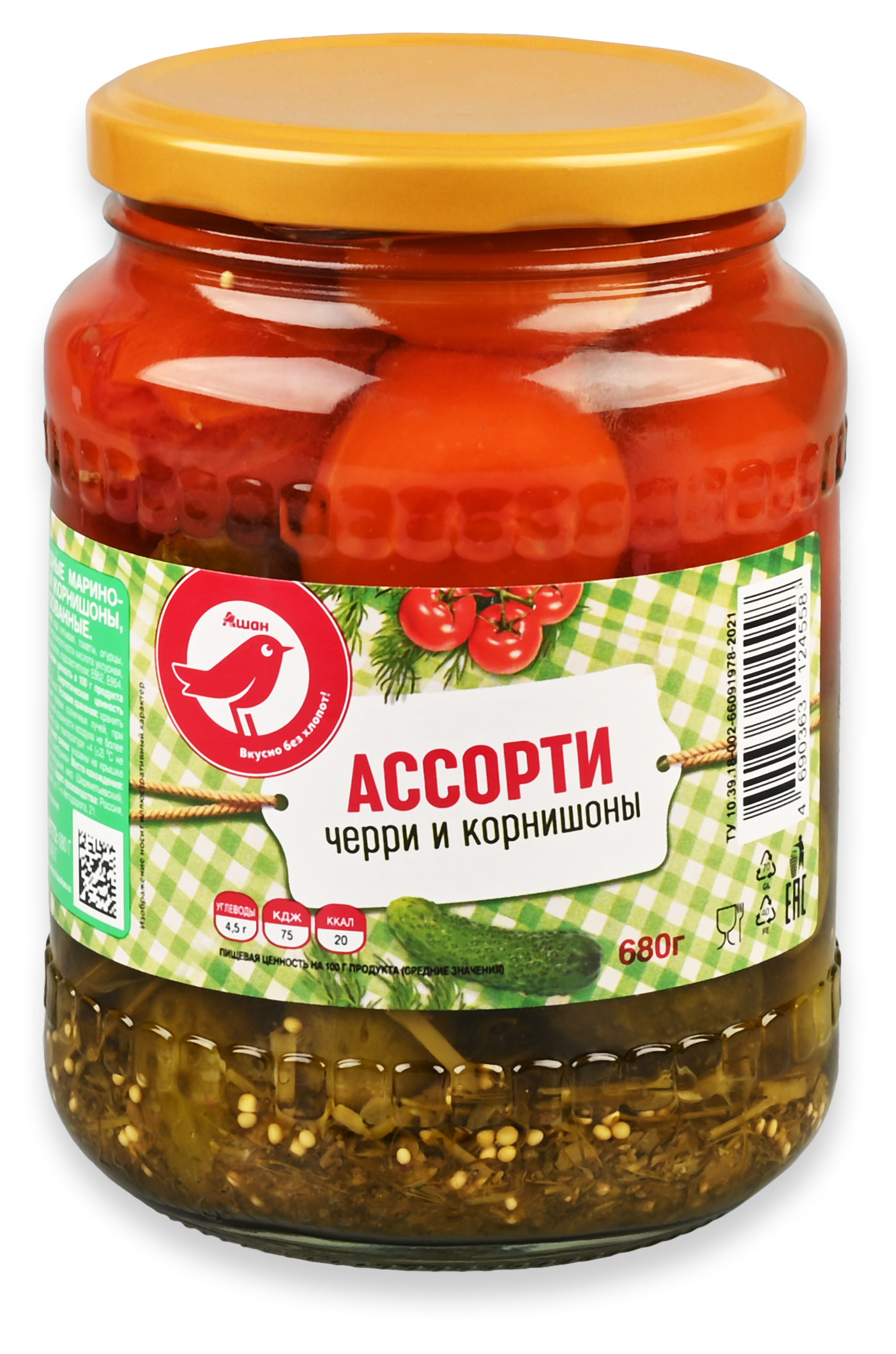 Изображение товара Ассорти овощное АШАН Красная птица черри и корнишоны, 680 г