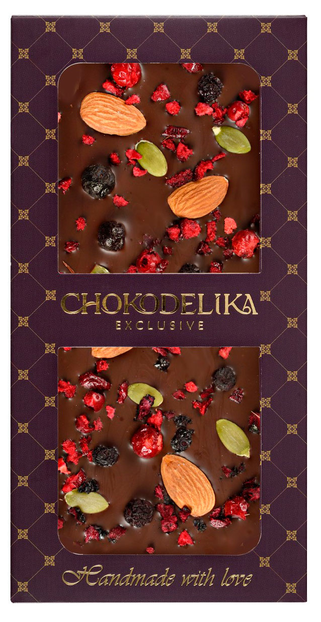 Изображение товара Шоколад горький Chokodelika с миндалем черникой и вишней без сахара, 80 г