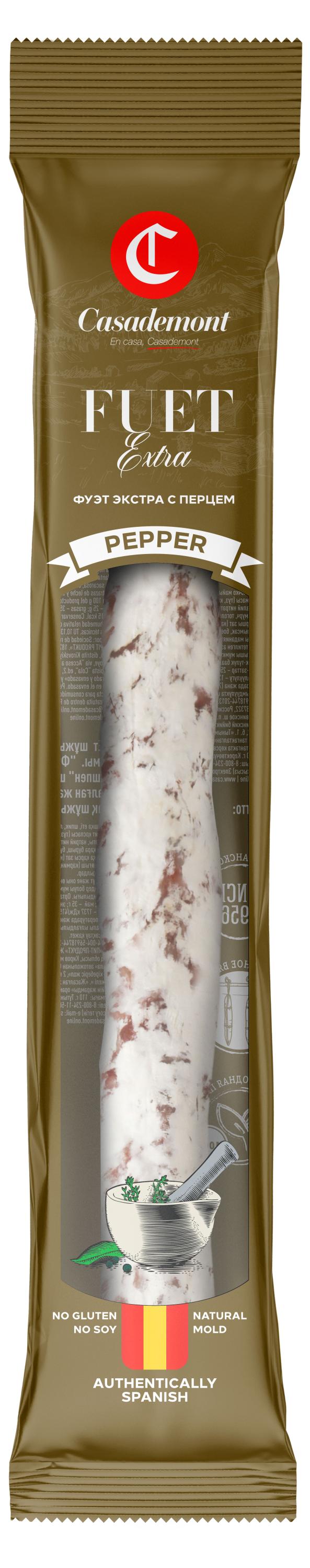Изображение товара Колбаса сыровяленая Casademont Fuet Extra Pepper Фуэт экстра с благородной белой плесенью и перцем без глютена, 110 г