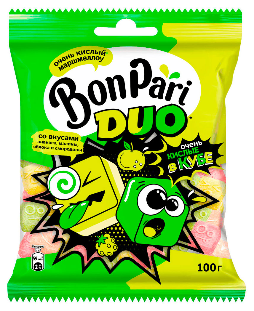 

Маршмеллоу Бон Пари Duo Очень кислые у кубе со вкусом кислых фруктов, 100 г