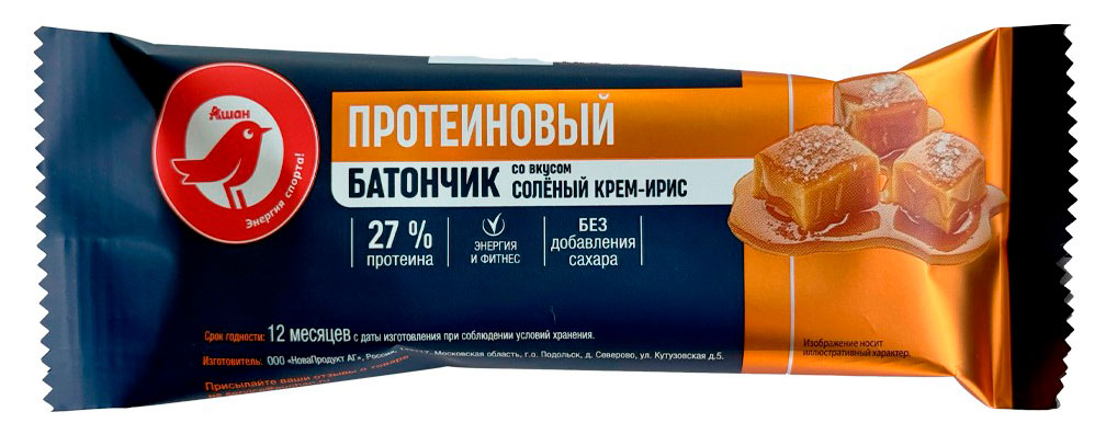 Изображение товара Протеиновый батончик АШАН Красная птица с карамелью и ирисом, 60 г
