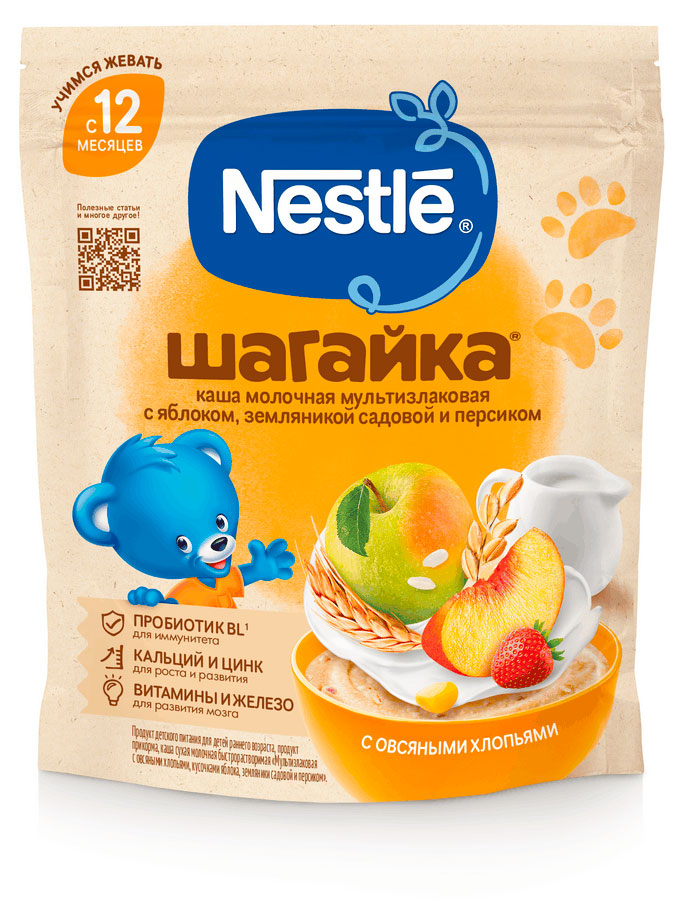 

Каша молочная детская Nestlе Шагайка мультизлаковая с овсяными хлопьями яблоко земляника персик с 12 мес., 190 г