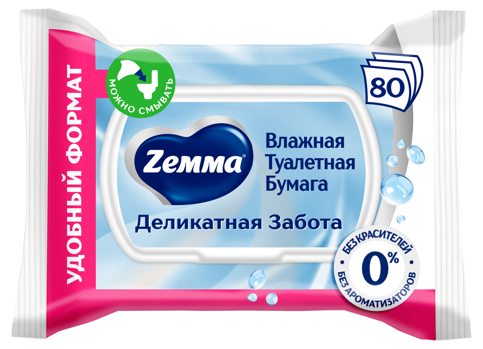 

Влажная туалетная бумага Zemma Деликатная Забота, 80 листов
