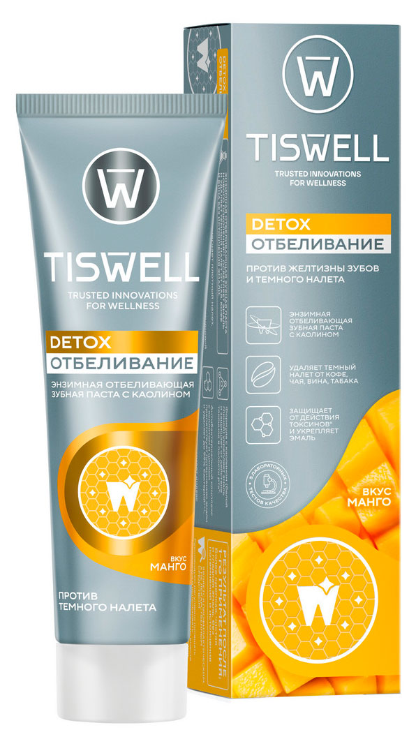 Зубная паста TISWELL отбеливающая энзимная от темного налета и камня с каолином и фтором со вкусом манго, 110 г