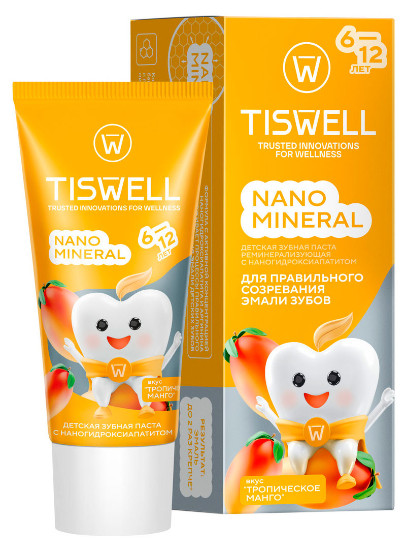 Зубная паста детская TISWELL реминерализующая от кариеса с наногидроксиапатитом и фтором Манго 6-12 лет, 60 г