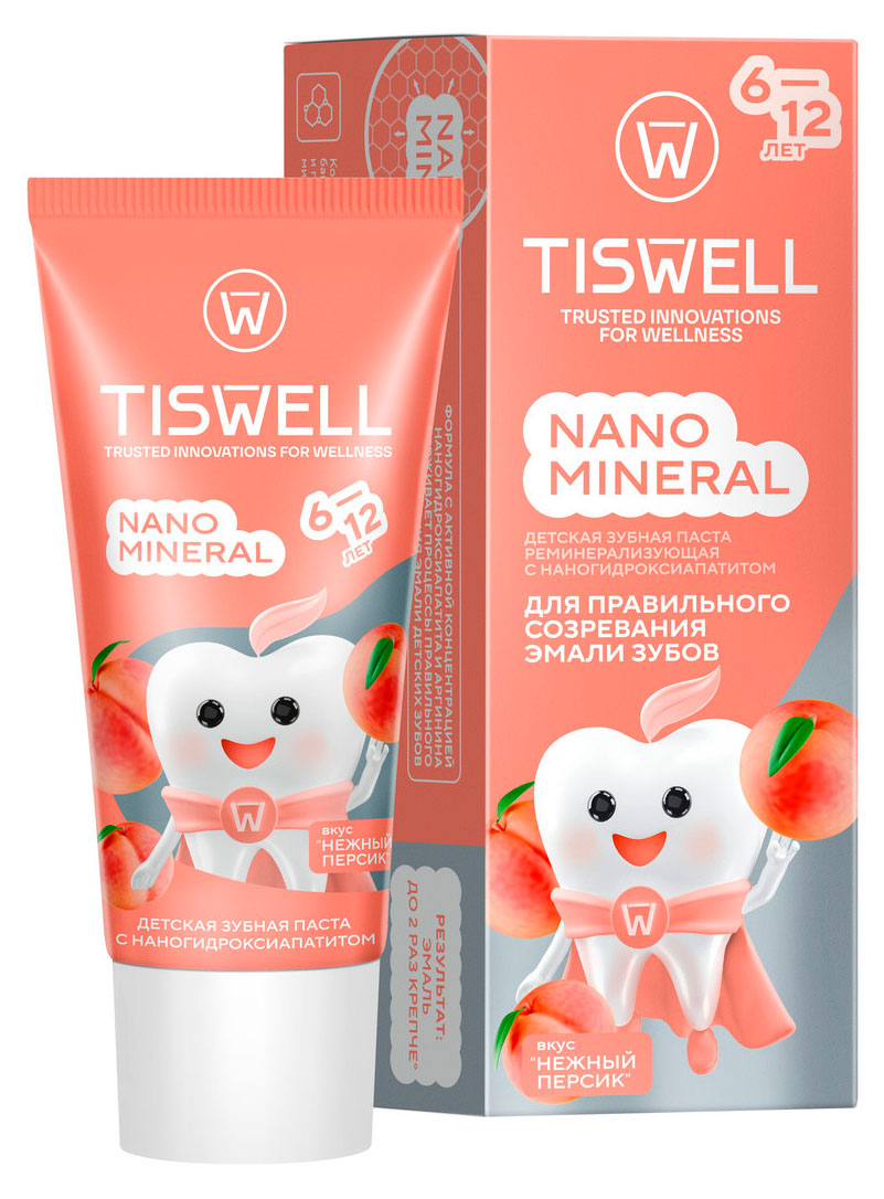 Зубная паста детская TISWELL реминерализующая от кариеса с наногидроксиапатитом и фтором Нежный персик 6-12 лет, 60 г