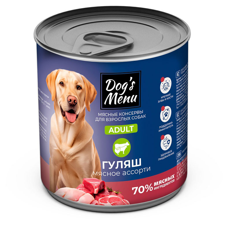 

Корм влажный для взрослых собак Dog`s Menu гуляш мясное ассорти, 750 г