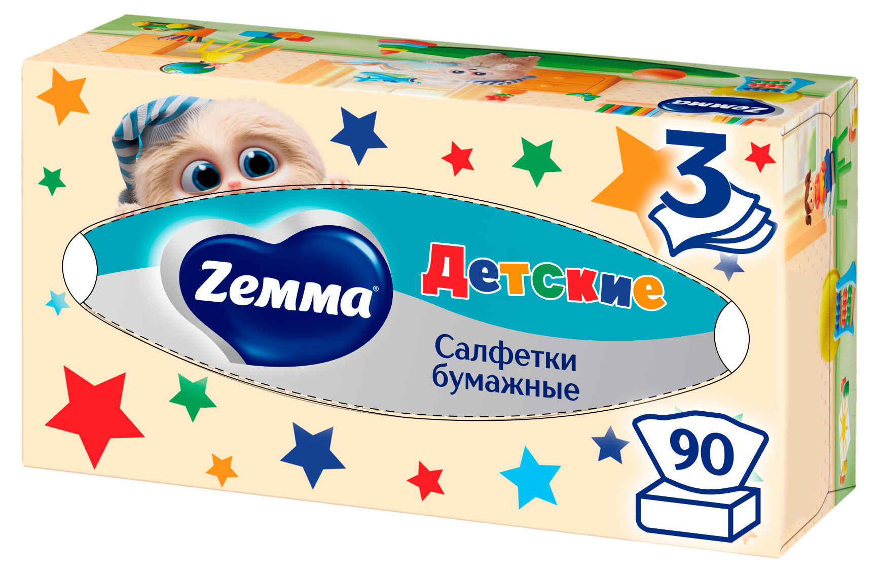 Изображение товара Салфетки бумажные в коробке Zemma Детские 3 слоя, 90 шт