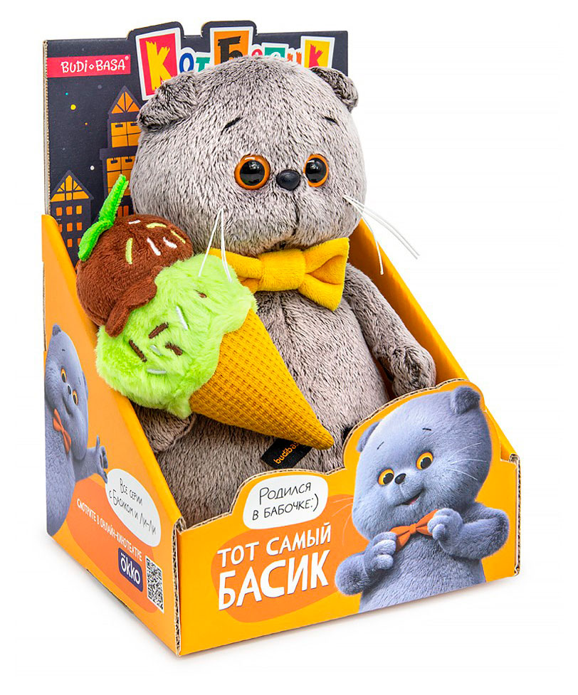 Игрушка мягкая Basik&Co Кот Басик с мороженым, 13,5х14,5х21 см