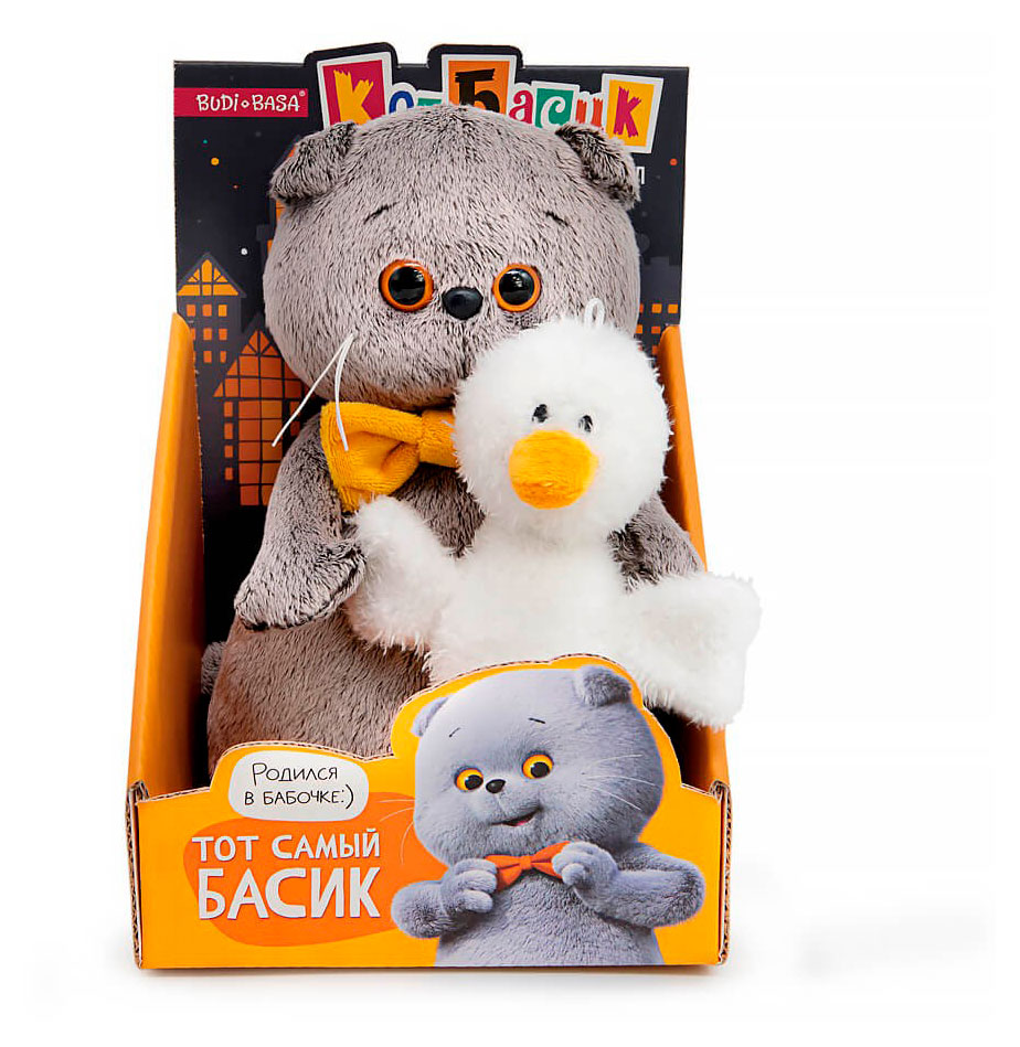 Игрушка мягкая Basik&Co Кот Басик с гусиком, 13,5х14,5х21 см