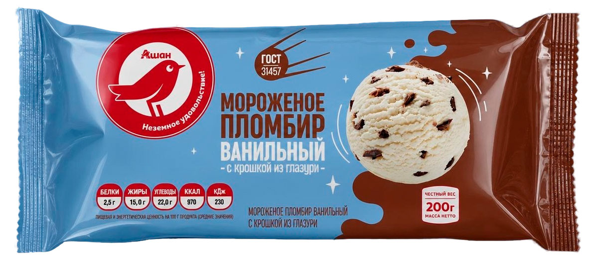 

Мороженое пломбир АШАН Красная птица с шоколадной крошкой брикет ГОСТ БЗМЖ, 200 г