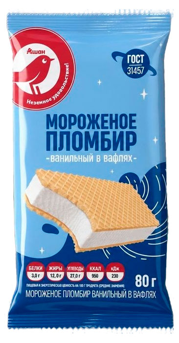 

Мороженое пломбир АШАН Красная птица ванильный на вафлях БЗМЖ, 80 г