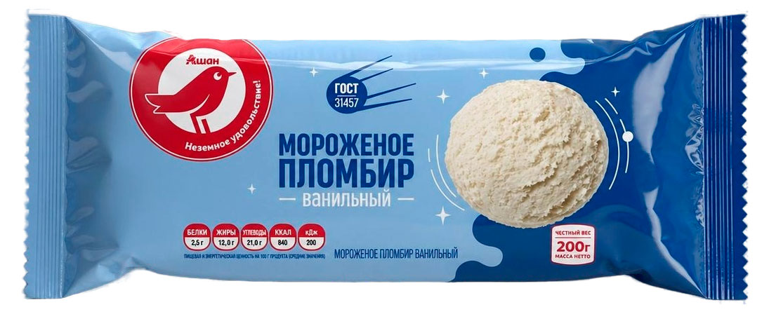 Изображение товара Мороженое пломбир АШАН Красная птица ванильный брикет 0.2 кг