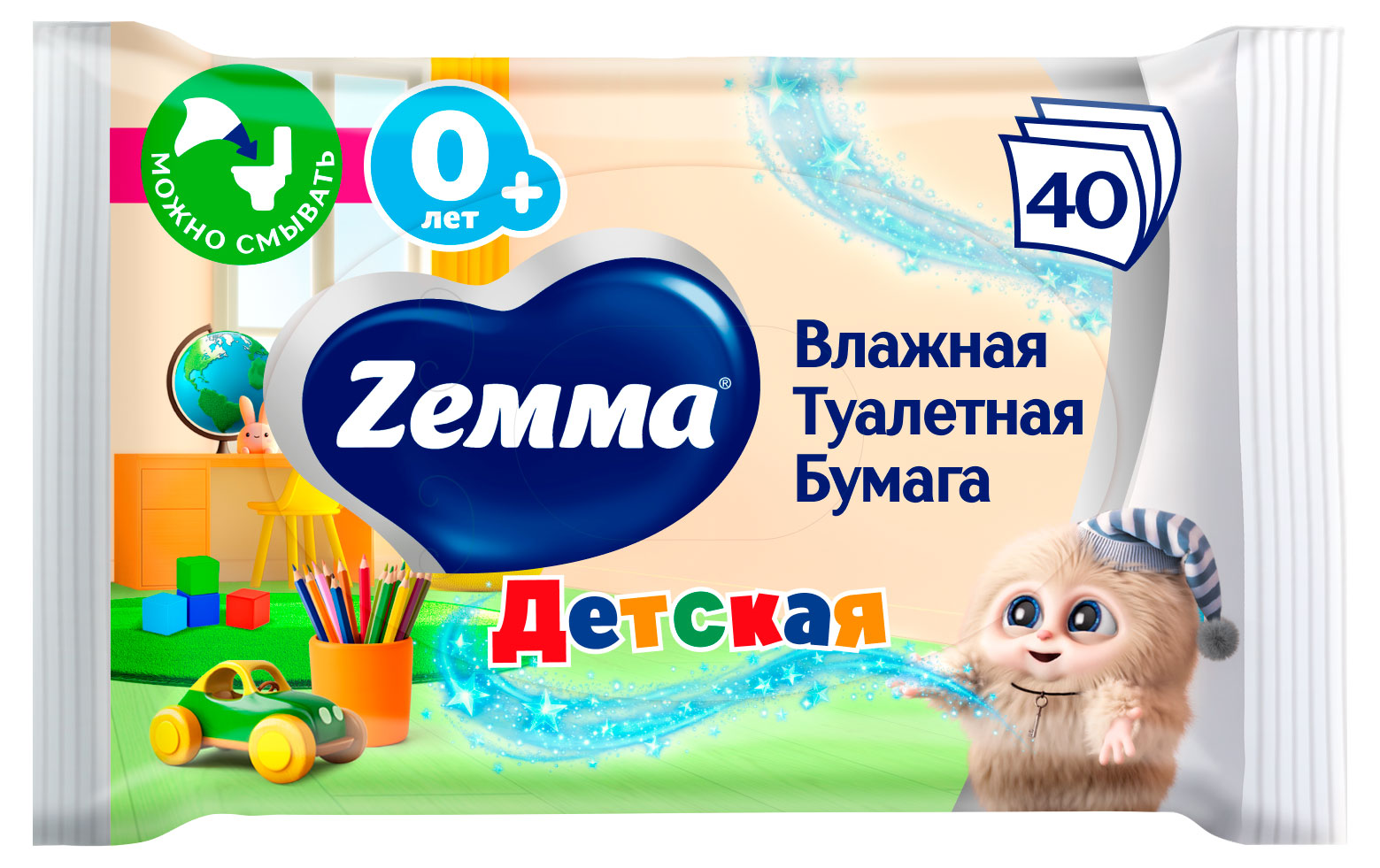 Влажная туалетная бумага Zemma Детская, 40 листов
