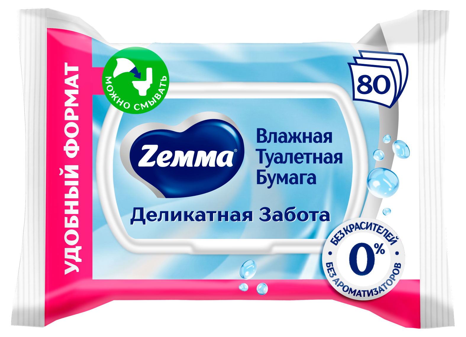 

Влажная туалетная бумага Zemma Деликатная Забота, 80 листов