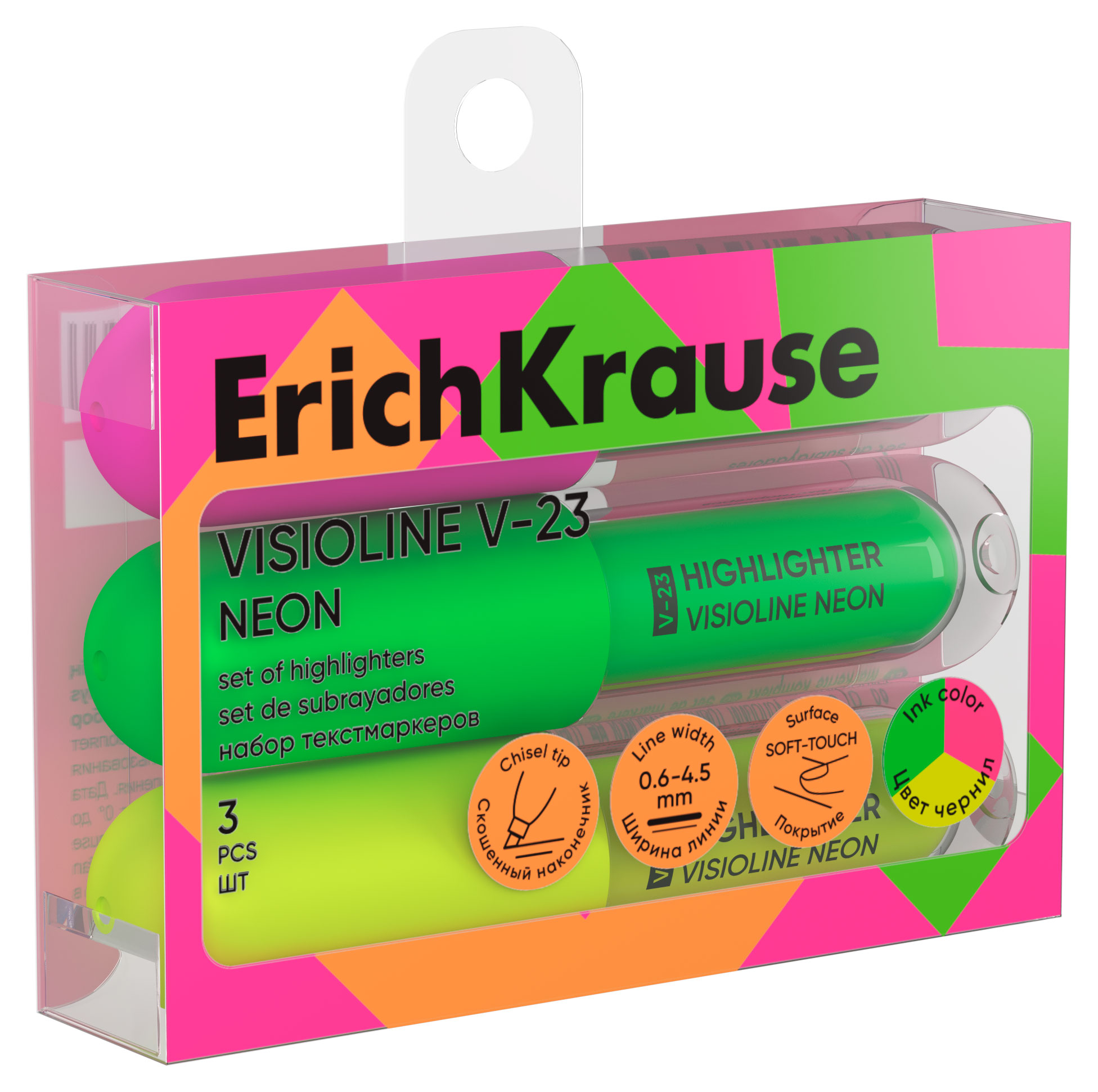 Изображение товара Набор текстовыделителей ERICH KRAUSE Неон Visioline V-23, 3 ярких цвета