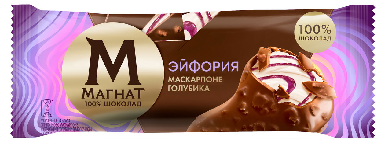 Мороженое сливочное «Магнат» Эйфория с маскарпоне и голубикой в молочном шоколаде с вафельной крошкой эскимо 8% БЗМЖ, 65 г
