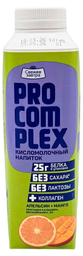 Изображение товара Напиток кисломолочный «Свежее Завтра» Procomplex без сахара без лактозы апельсин манго, 500 г