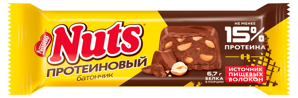 

Батончик протеиновый Nuts с начинкой с фундуком и тертым арахисом, 45 г