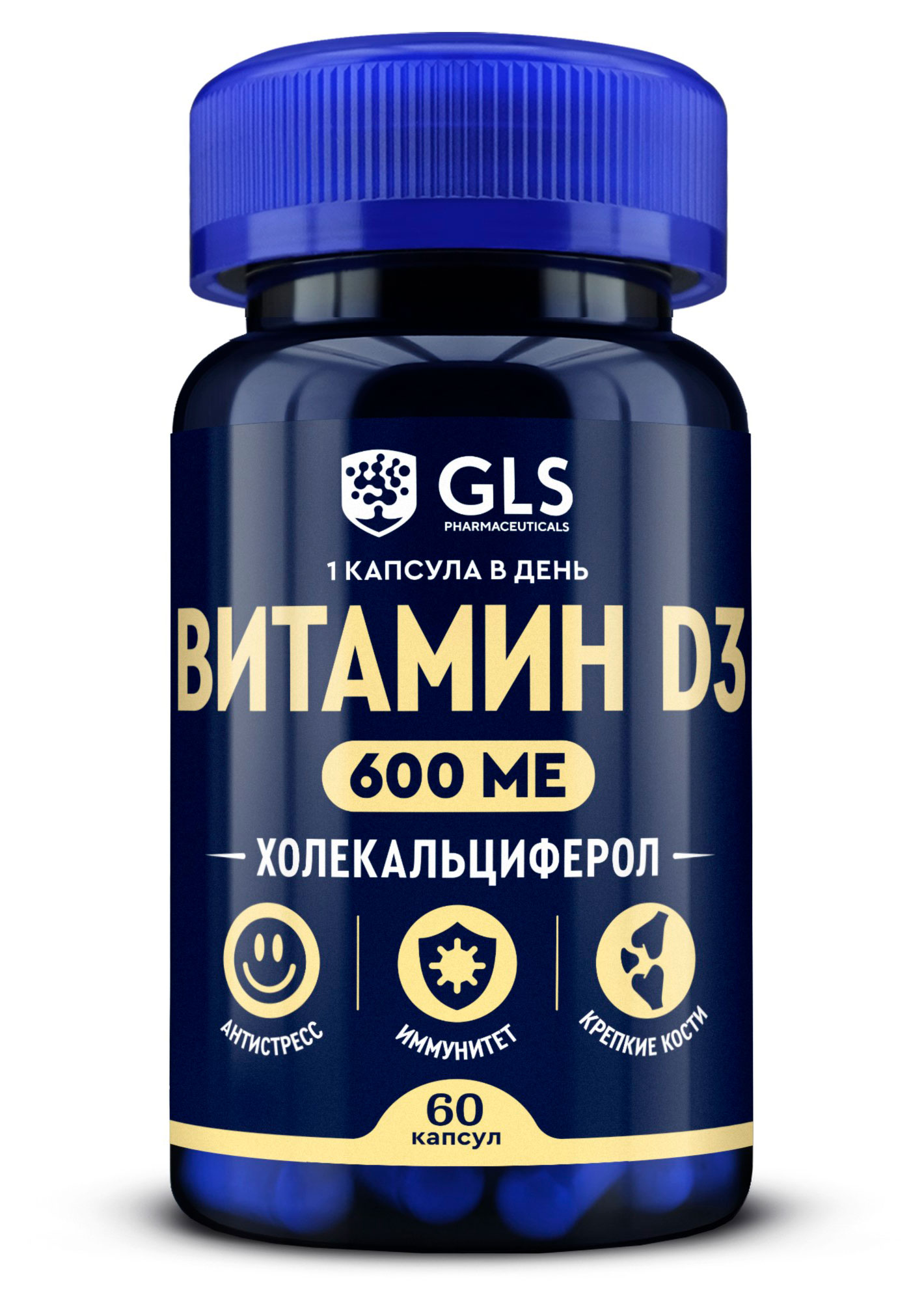 Изображение товара БАД GLS Pharmaceutical Витамин D3 600 МЕ 200 мг, 60 капсул