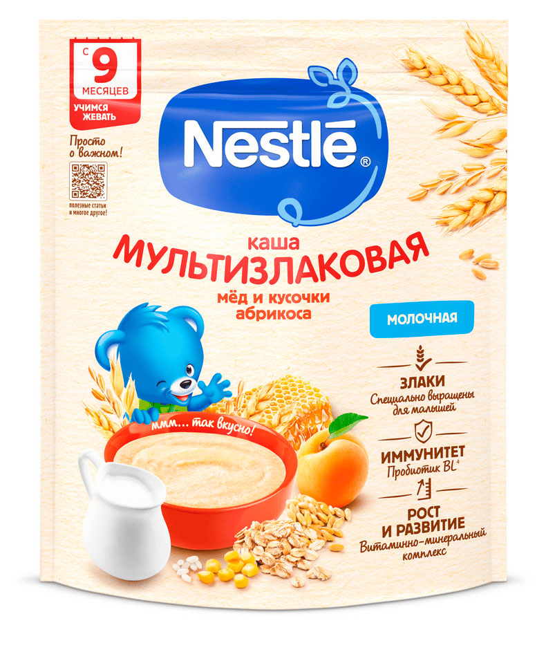 

Каша молочная Nestlе мультизлаковая с мёдом и кусочками абрикоса с 9 мес., 200 г