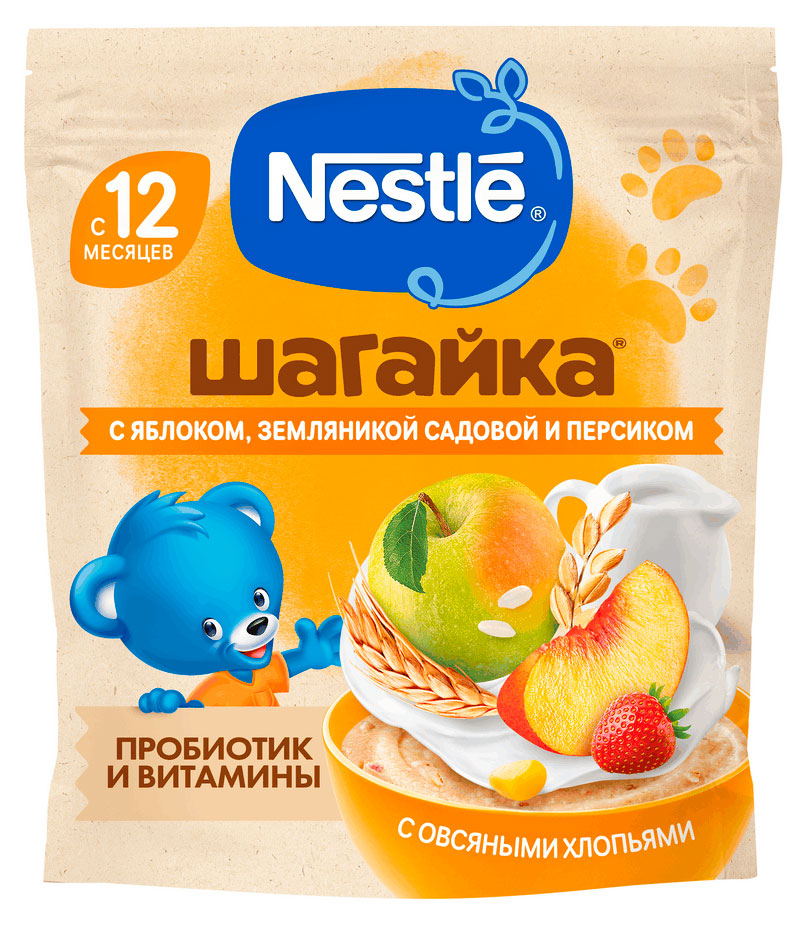 Nestlе | Каша молочная детская Nestlе Шагайка мультизлаковая с овсяными хлопьями яблоко земляника персик с 12 мес., 190 г