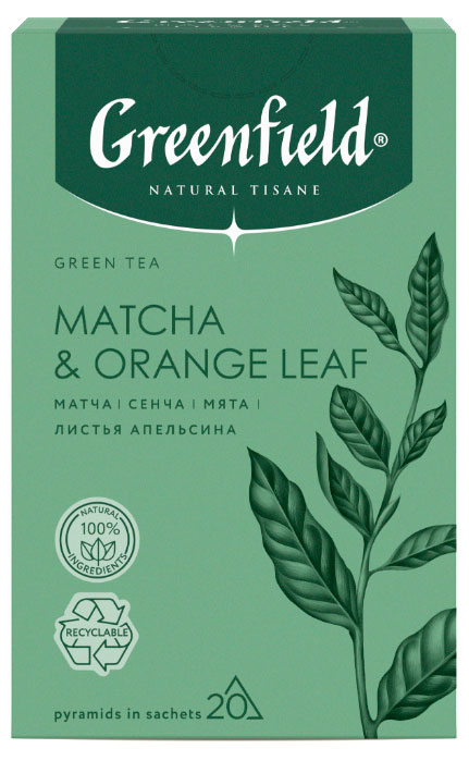 Greenfield | Чай зеленый Greenfield Natural Tisane Матча с мятой и листьями апельсина в пирамидках, 20х1,8 г